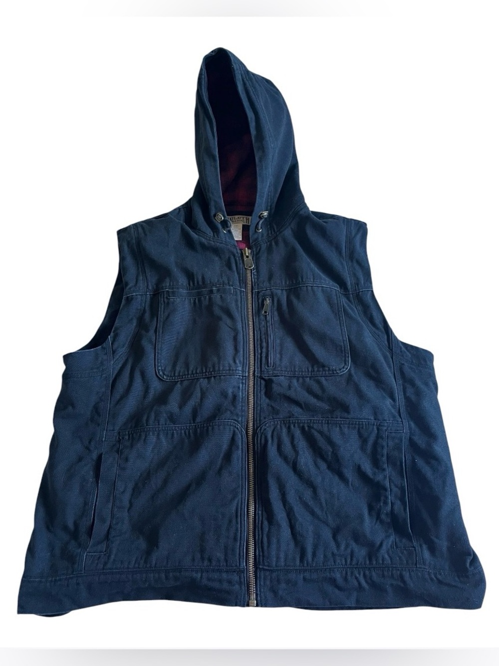 Duluth Trading Canvas Vest Men 2XL Black Hooded Zip Pockets‎ Red Flannel Lined
